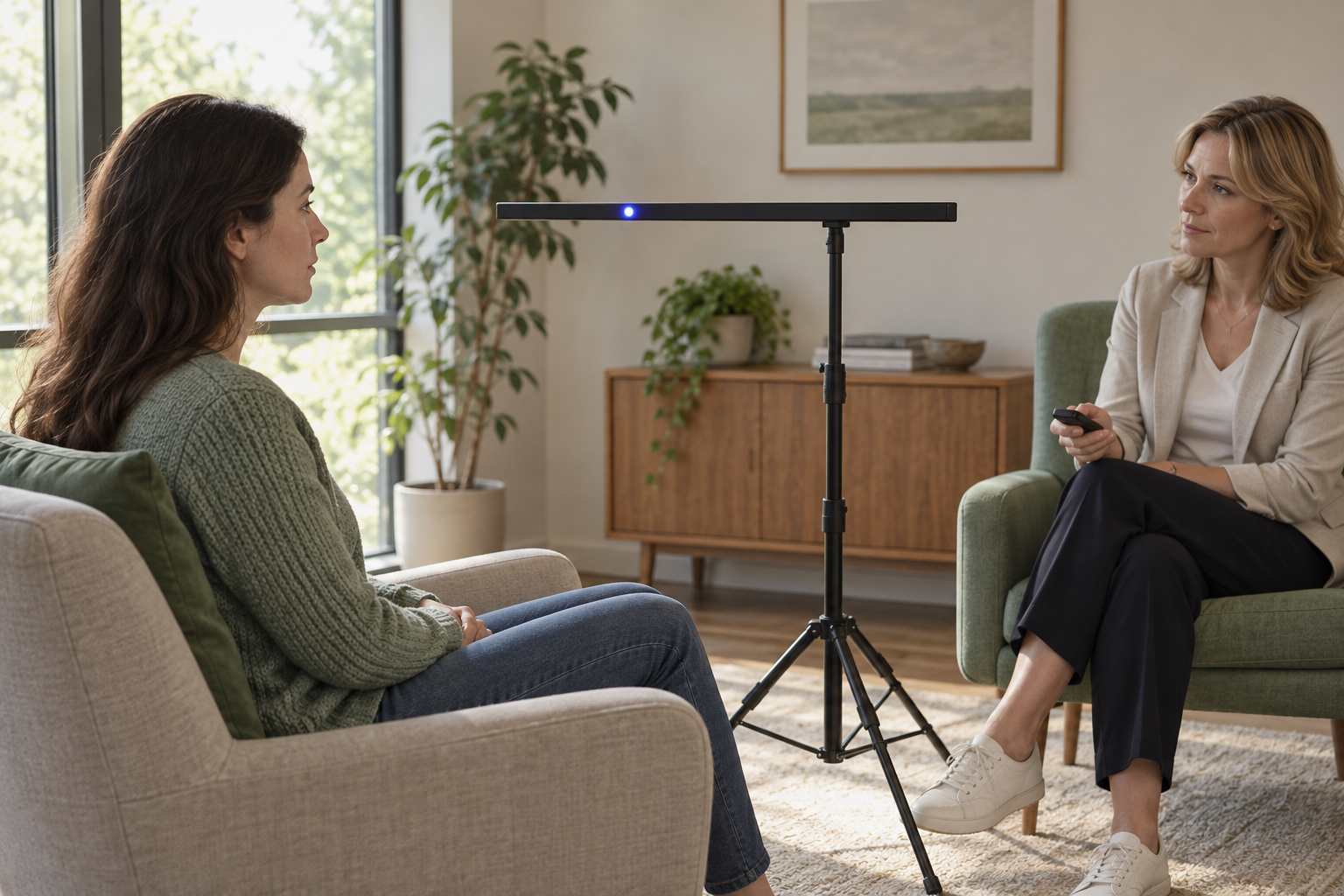 Illustration of an EMDR session with a seated client, therapist and horizontal light bar