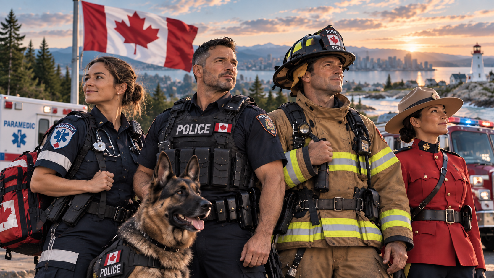 Illustration of Canadian first responders with a service dog and Canadian flag at sunset